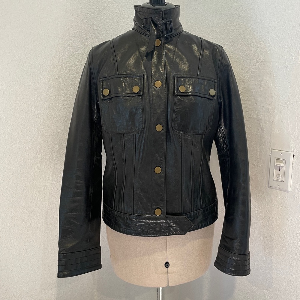 Black Leather Jacket with Brass Snaps & Short Collar